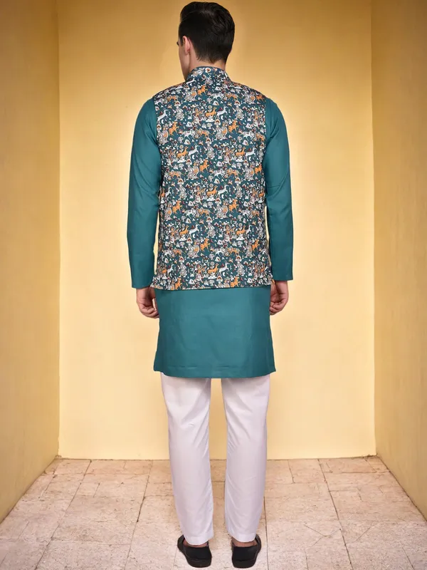 Teal_Kurta_Pajama_With_Floral_Print_Nehru_Jacket_Set_For_Men