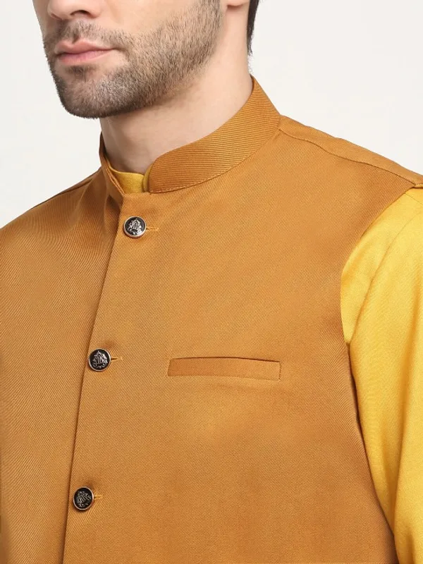 Men's_Mustard_Yellow_Kurta_With_Rust_Orange_Nehru_Jacket_And_White_Churidar_Set