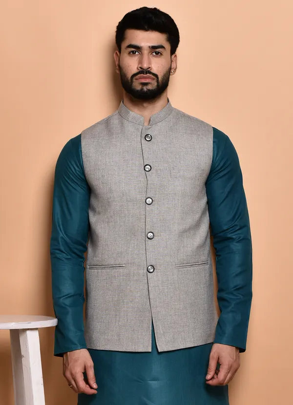Grey_Linen_Nehru_Jacket_With_Teal_Kurta_Set_For_Men