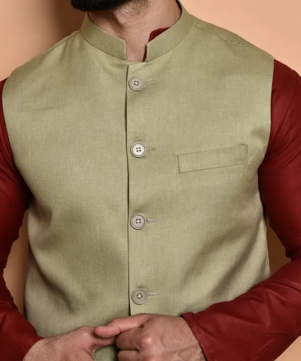 Men's_Ethnic_Kurta_Pajama_Set_With_Nehru_Jacket_-_Maroon_And_Beige