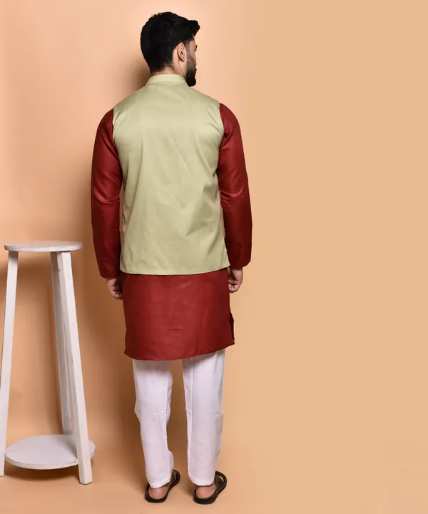 Men's_Ethnic_Kurta_Pajama_Set_With_Nehru_Jacket_-_Maroon_And_Beige