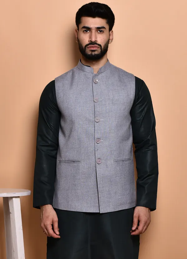 Men's_Grey_Linen_Nehru_Jacket_With_Black_Kurta_Pajama_Set