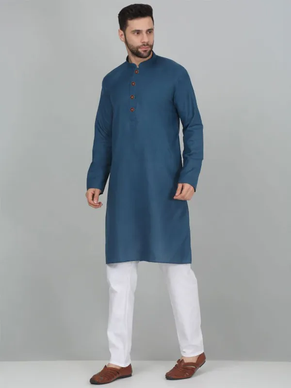 Men's_Blue_Solid_Cotton_Kurta_With_Mandarin_Collar