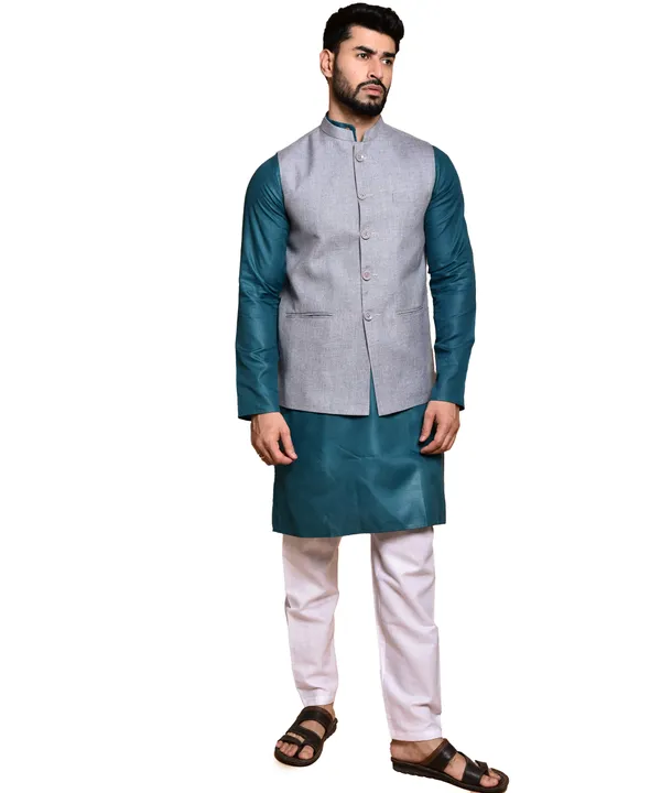 Grey_Linen_Nehru_Jacket_With_Teal_Kurta_Set_For_Men