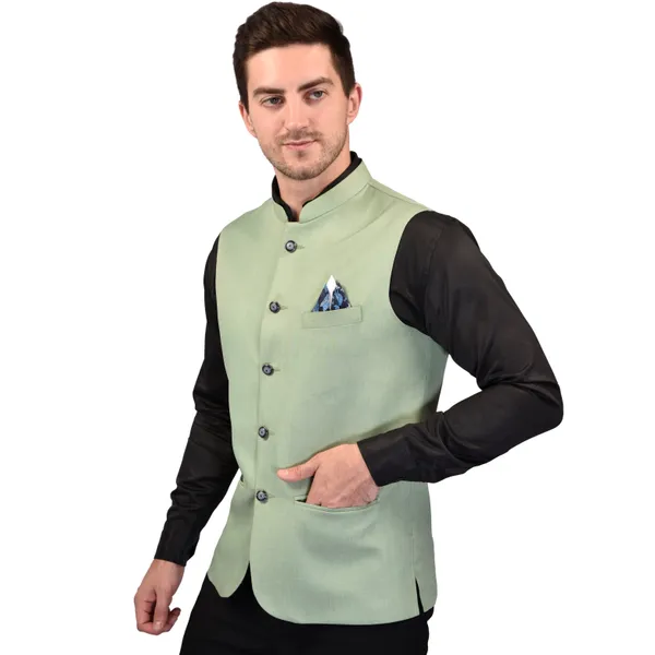 Men's_Pista_Green_Nehru_Jacket_With_Black_Contrast_Collar
