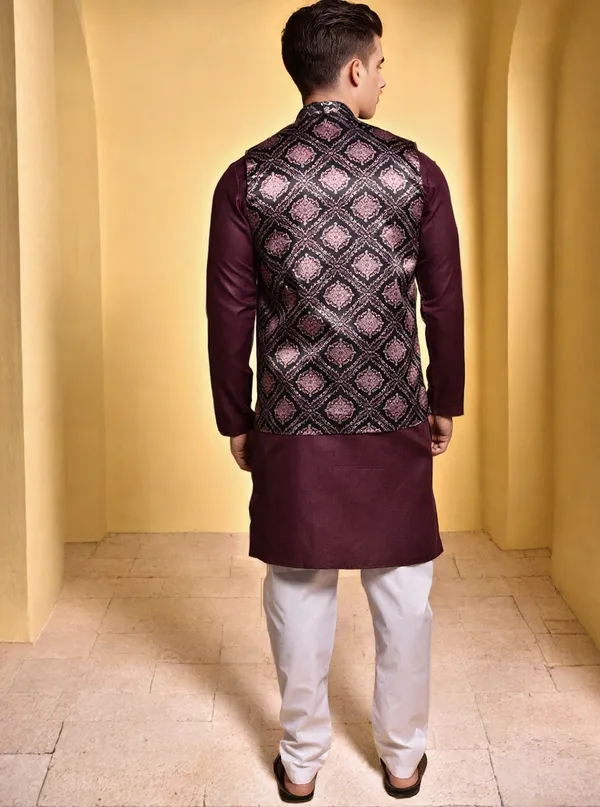 Men's_Maroon_Kurta_With_Printed_Nehru_Jacket_And_White_Pajama_Set