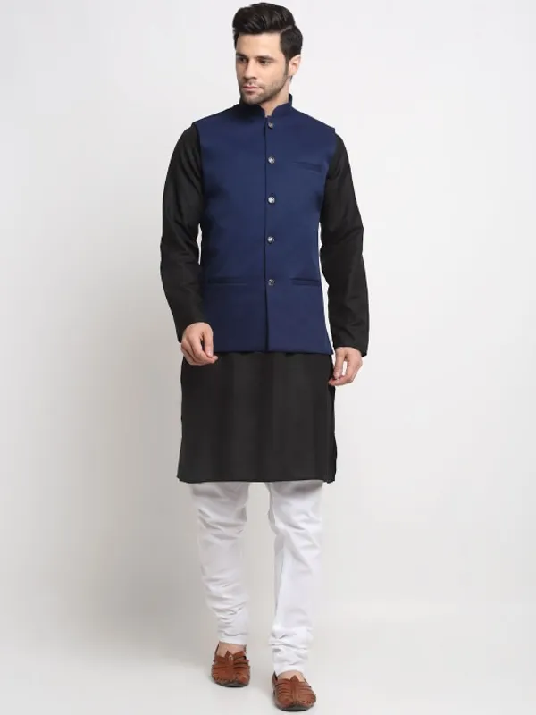 Men's_Navy_Blue_Nehru_Jacket_With_Black_Kurta_Pajama_Set_-_Ethnic_Formal_Wear