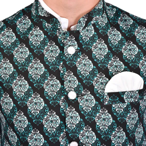 Men's_Green_Printed_Nehru_Jacket_With_White_Pocket_Square