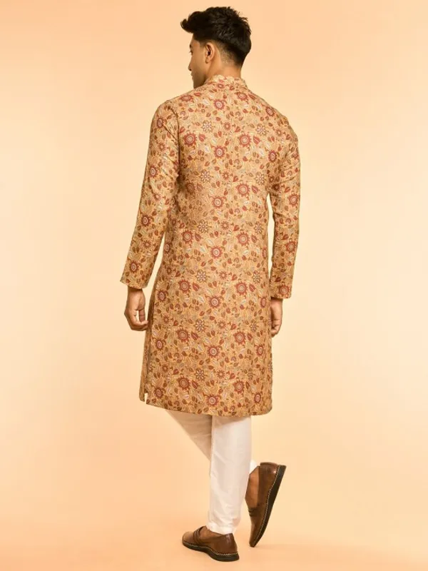 Men's_Beige_Floral_Printed_Cotton_Kurta_With_Mandarin_Collar