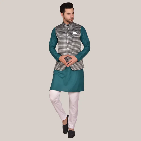 Men's_Teal_Kurta_Pajama_With_Checkered_Nehru_Jacket_Set