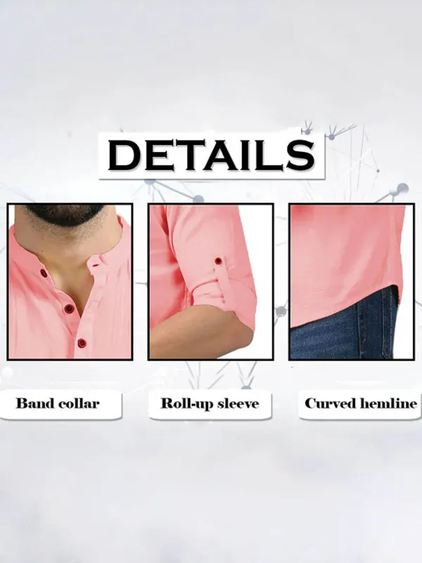 Men's_Pink_Band_Collar_Cotton_Shirt_With_Roll-Up_Sleeves