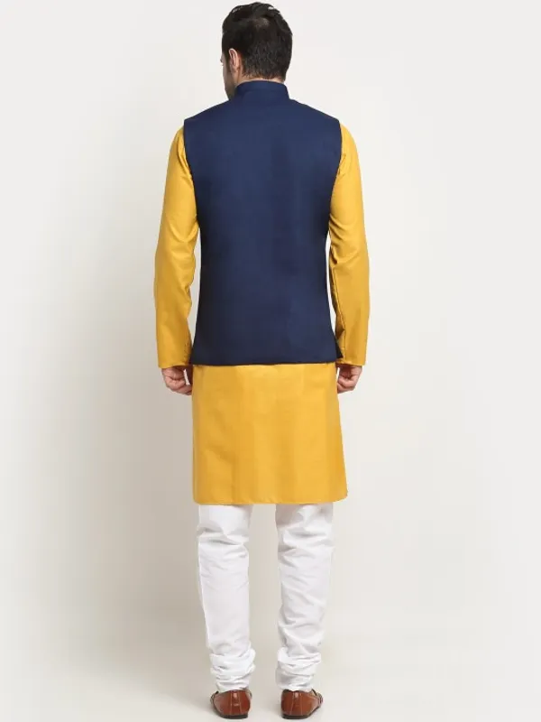 Men's_Yellow_Kurta_With_Navy_Blue_Nehru_Jacket_And_White_Churidar_Set