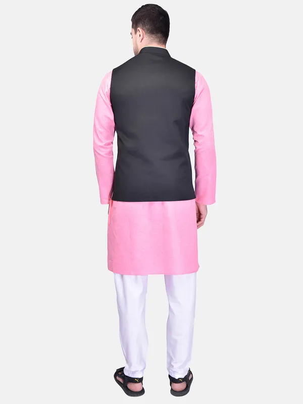 Pink_Kurta_With_Black_Nehru_Jacket_And_White_Churidar_Set_For_Men