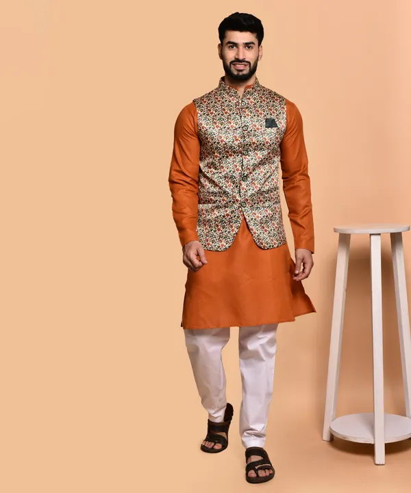 Orange_Kurta_With_Floral_Print_Nehru_Jacket_And_White_Churidar_Set