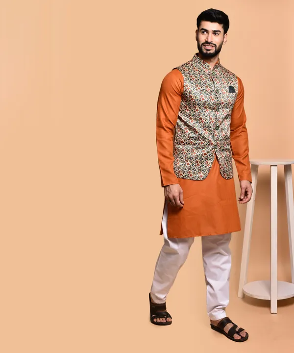 Orange_Kurta_With_Floral_Print_Nehru_Jacket_And_White_Churidar_Set