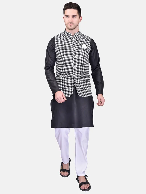 Men's_Black_Kurta_Pajama_With_Checkered_Nehru_Jacket_-_3_Piece_Ethnic_Set