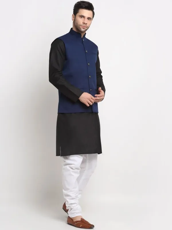 Men's_Navy_Blue_Nehru_Jacket_With_Black_Kurta_Pajama_Set_-_Ethnic_Formal_Wear