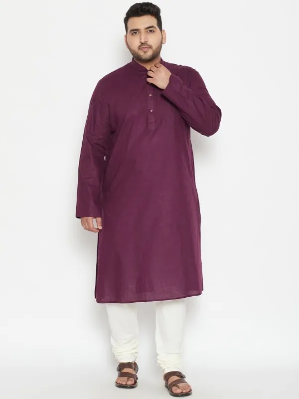Men's_Wine_Cotton_Kurta_With_Mandarin_Collar_And_Full_Sleeves