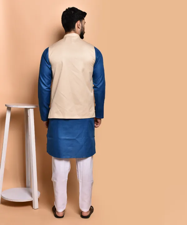 Men's_Blue_Kurta_Pajama_With_Beige_Nehru_Jacket_Set_-_Traditional_Indian_Ethnic_Wear