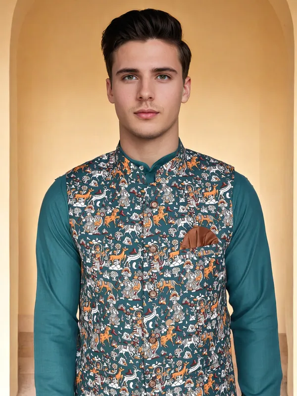Teal_Kurta_Pajama_With_Floral_Print_Nehru_Jacket_Set_For_Men