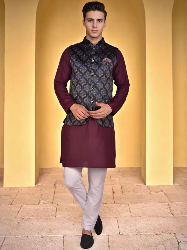 Men's_Maroon_Kurta_With_Printed_Nehru_Jacket_And_White_Churidar_Set