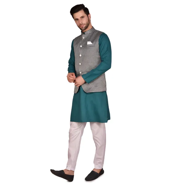 Men's_Teal_Kurta_Pajama_With_Checkered_Nehru_Jacket_Set