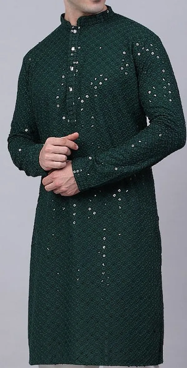 Dark_Green_Sequin_Embellished_Kurta_For_Men