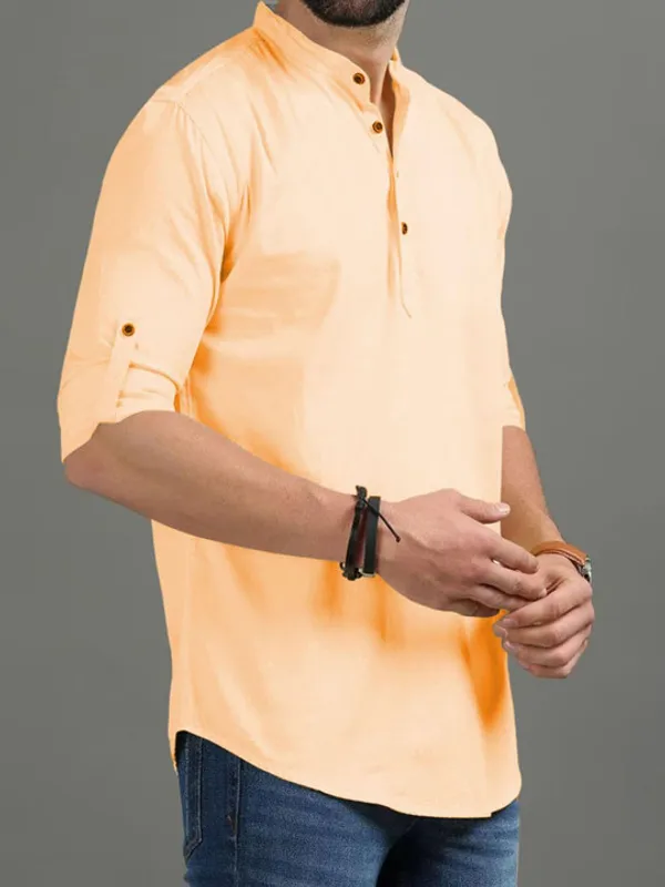 Men's_Orange_Solid_Short_Kurta_With_Mandarin_Collar