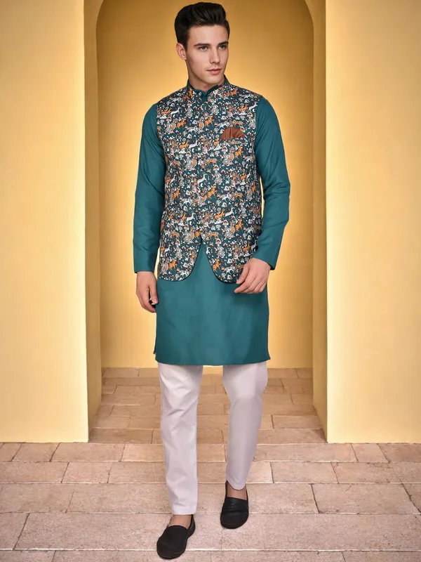 Teal_Kurta_Pajama_With_Floral_Print_Nehru_Jacket_Set_For_Men