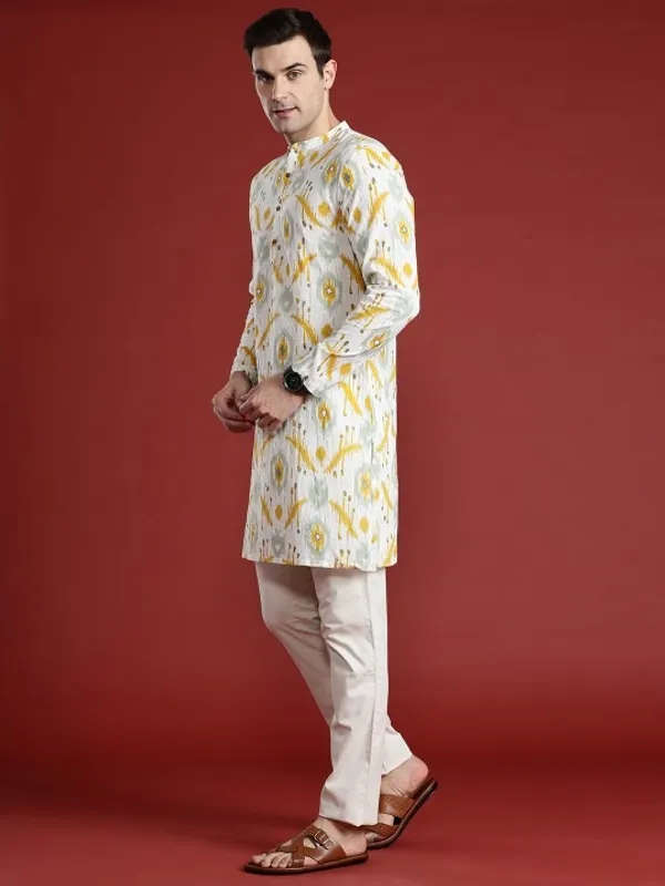 Men's_White_Ethnic_Kurta_With_Yellow_Floral_Ikat_Print