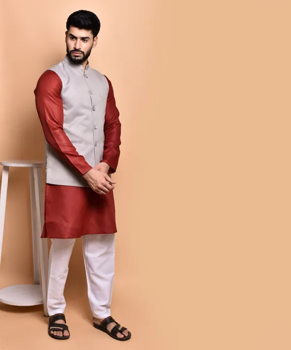 Men's_Ethnic_Nehru_Jacket_Set_-_Grey_&_Maroon_Kurta_With_White_Churidar