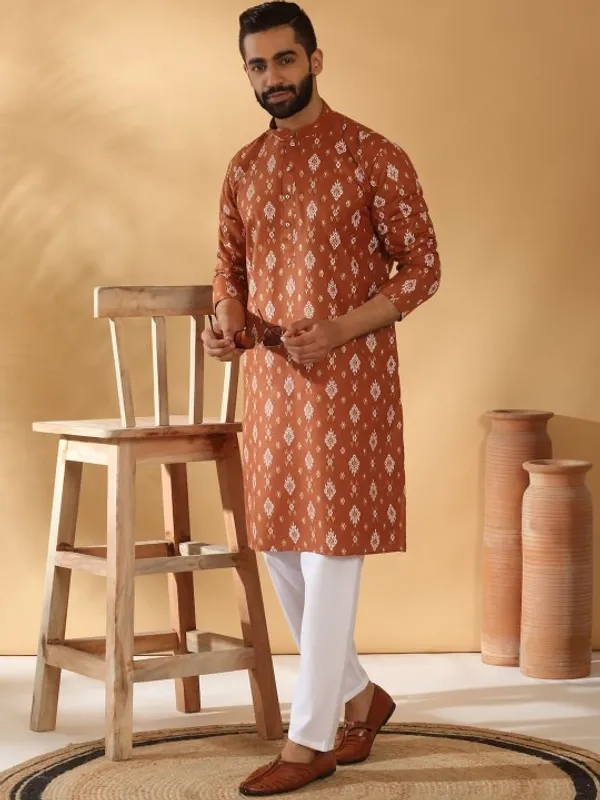 Men's_Rust_Orange_Ethnic_Kurta_With_Traditional_Ikat_Print