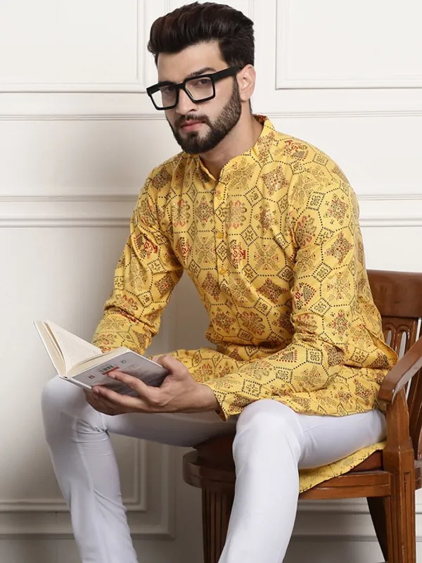 Men's_Yellow_Printed_Cotton_Kurta