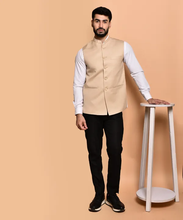 Men's_Beige_Nehru_Jacket_With_Mandarin_Collar_And_Button_Closure