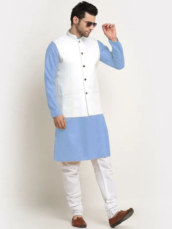 Men's_Ethnic_Kurta_Pajama_Set_With_White_Nehru_Jacket_-_Blue_And_White