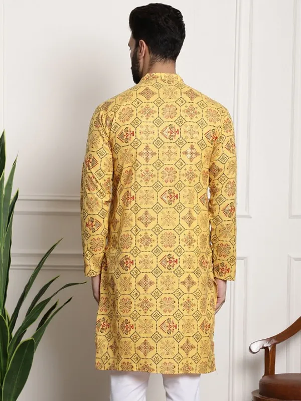 Men's_Yellow_Printed_Cotton_Kurta