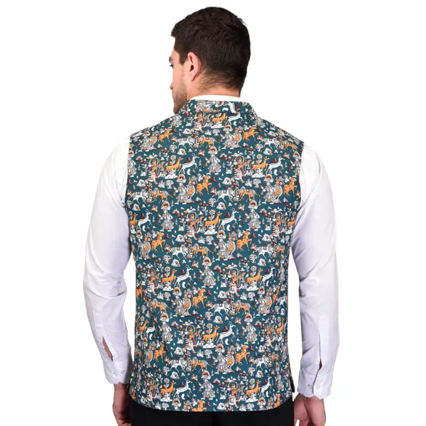 Men's_Floral_Printed_Nehru_Jacket_-_Teal_Blue_With_Multi-Color_Print