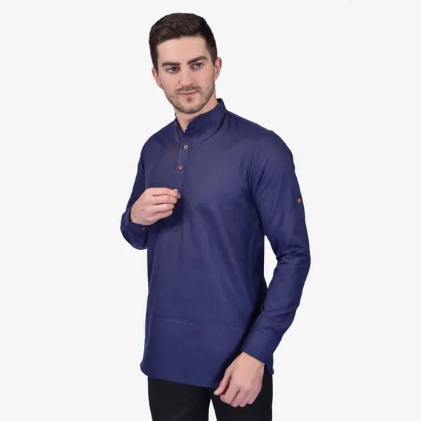 Men's_Navy_Blue_Cotton_Short_Kurta_With_Mandarin_Collar