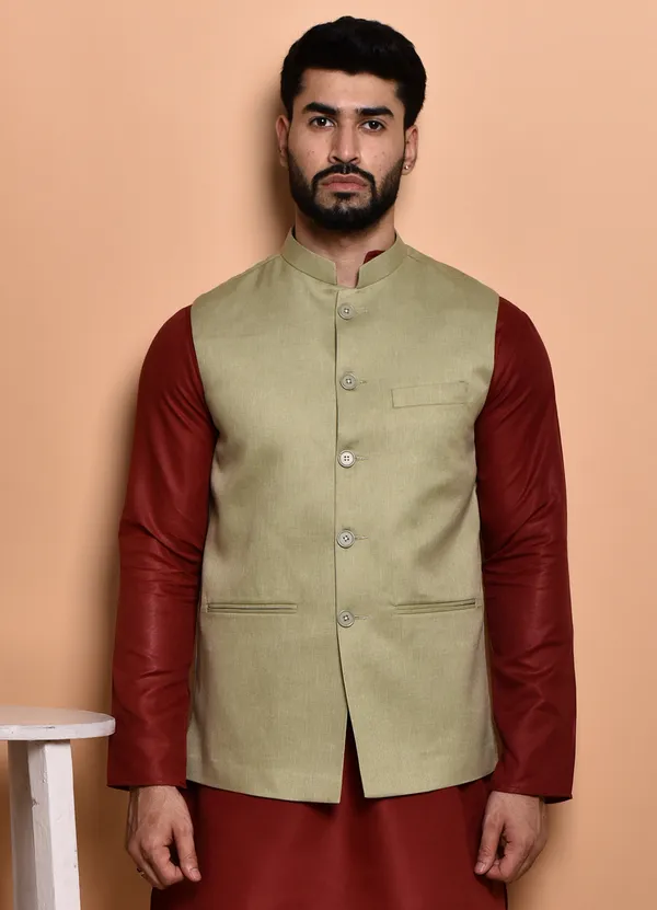 Men's_Ethnic_Kurta_Pajama_Set_With_Nehru_Jacket_-_Maroon_And_Beige