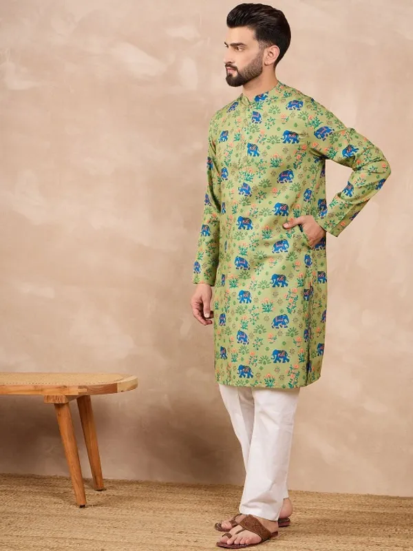Men's_Green_Printed_Kurta_With_Elephant_And_Floral_Pattern
