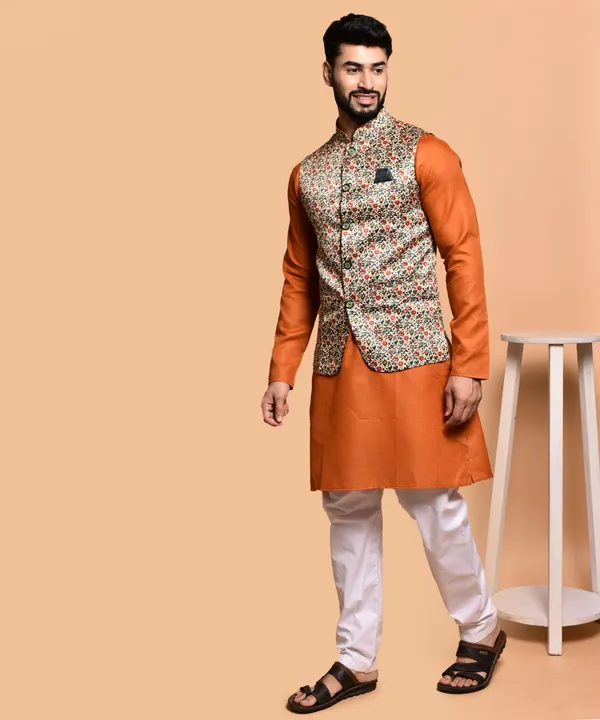 Orange_Kurta_With_Floral_Print_Nehru_Jacket_And_White_Churidar_Set