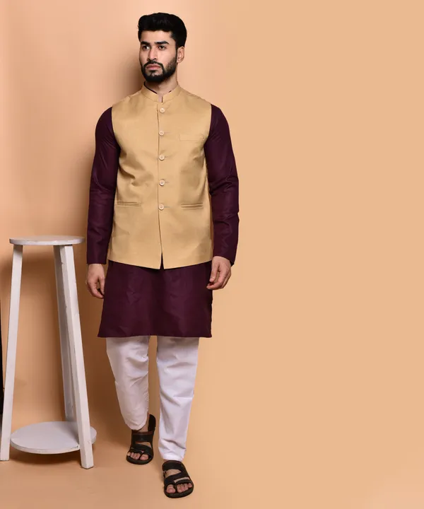 Men's_Ethnic_Kurta_Set_With_Nehru_Jacket_-_Maroon_And_Beige