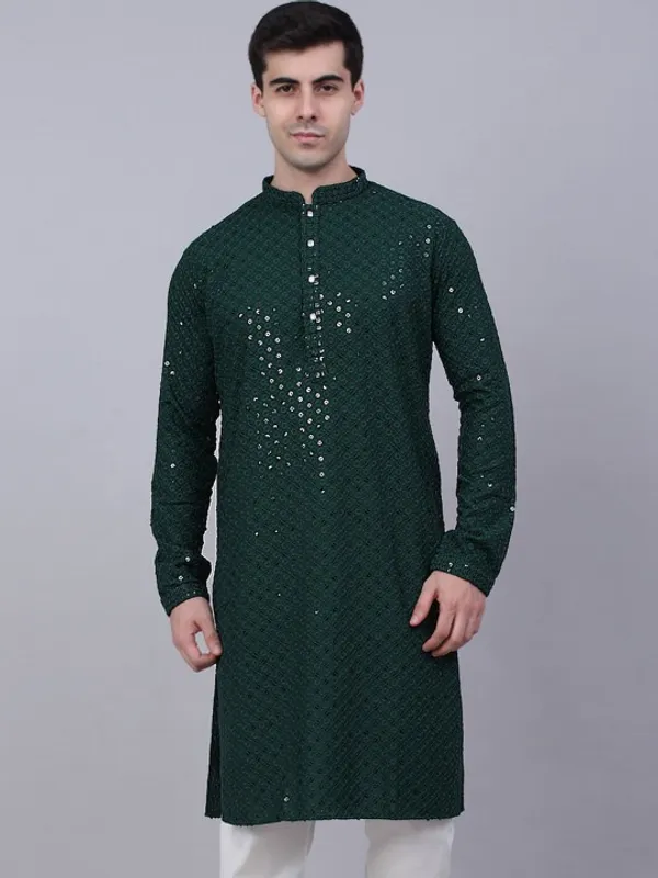 Dark_Green_Sequin_Embellished_Kurta_For_Men