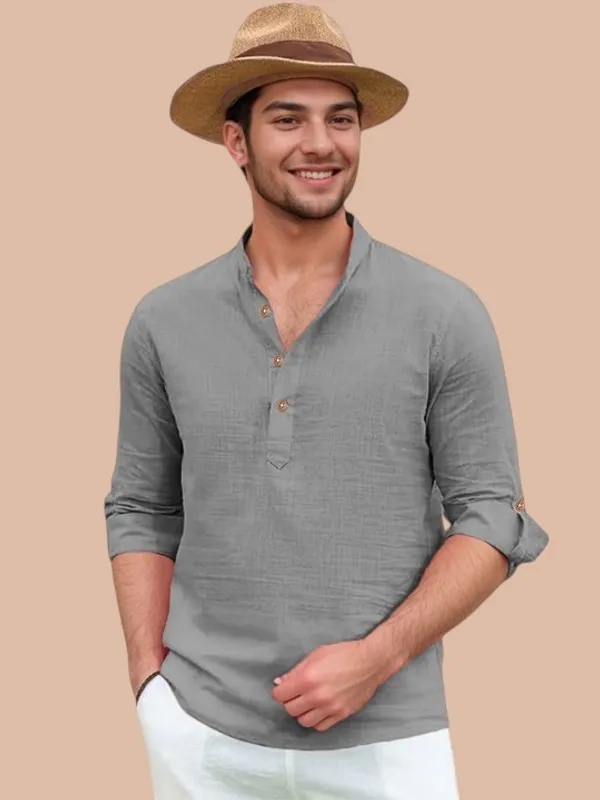 Grey_Mandarin_Collar_Full_Sleeve_Casual_Shirt_For_Men