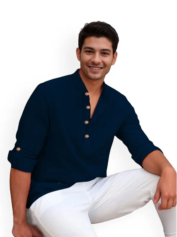 Men's_Navy_Blue_Cotton_Linen_Mandarin_Collar_Casual_Shirt