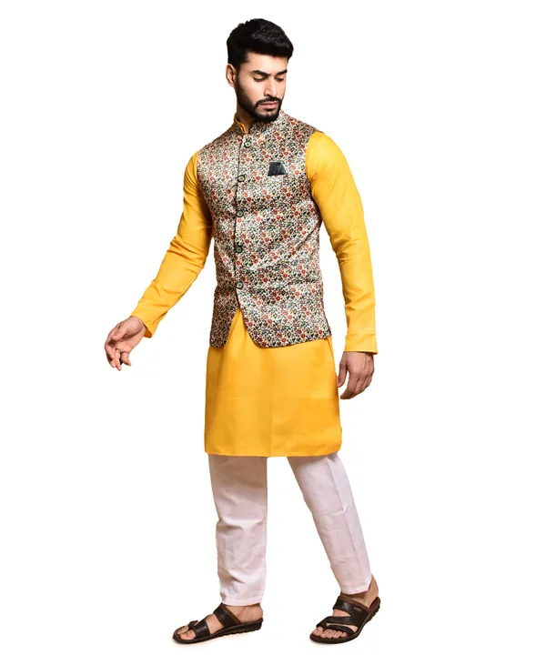 Yellow_Kurta_With_Floral_Printed_Nehru_Jacket_Set_For_Men