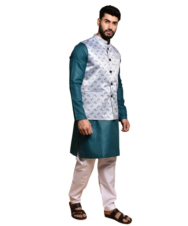 Men's_Ethnic_Nehru_Jacket_Set_-_Teal_Kurta_With_Grey_Printed_Waistcoat