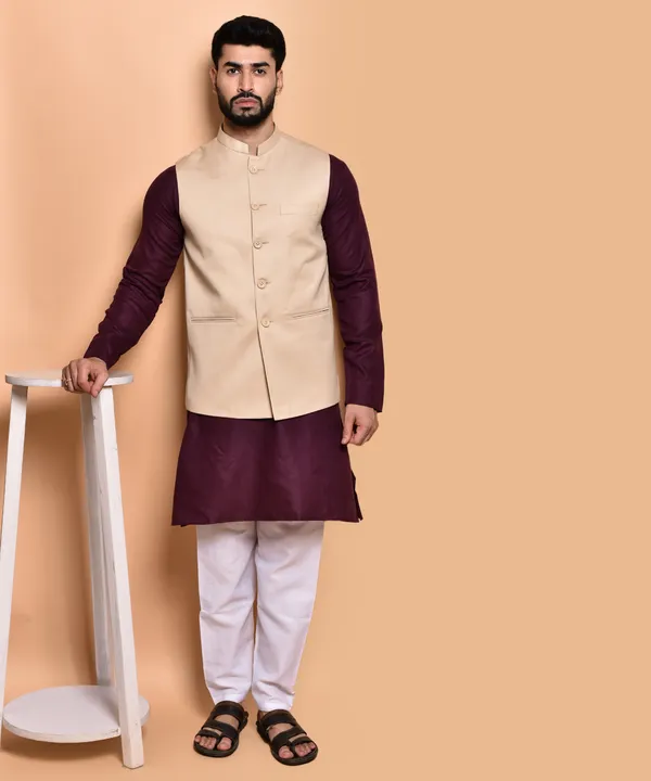Men's_Ethnic_Nehru_Jacket_Set_-_Beige_Waistcoat_With_Maroon_Kurta_And_White_Pajama