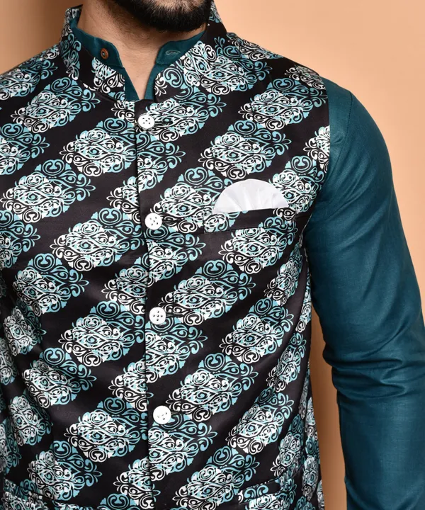 Men's_Teal_Silk_Kurta_With_Embroidered_Nehru_Jacket_Set