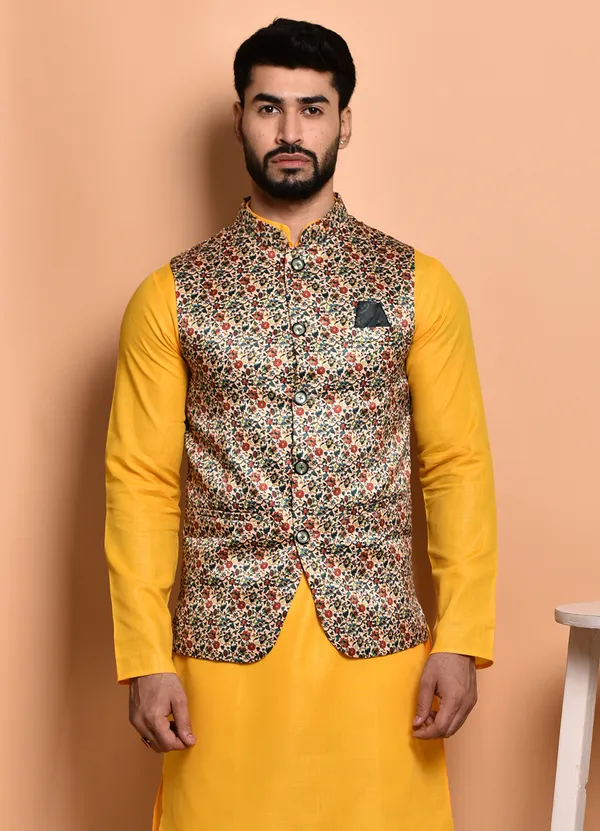 Yellow_Kurta_With_Floral_Printed_Nehru_Jacket_Set_For_Men